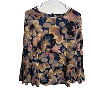 Cable & Gauge Blouse Women's Large Round Neck Floral Round Neck Flare Top